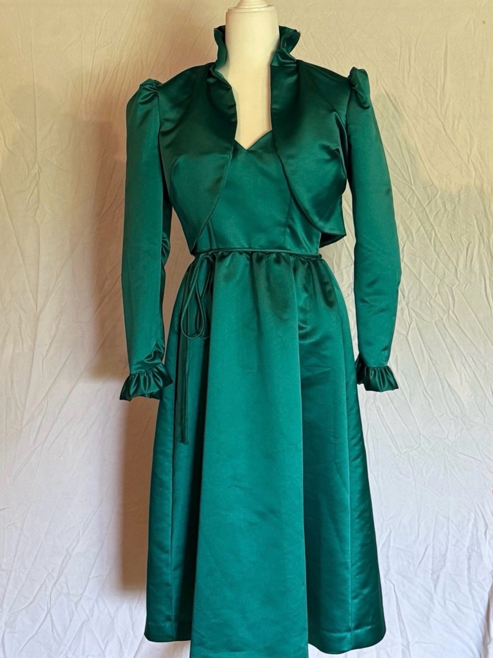 Vintage House of Bianchi Emerald Ruffle Tie-Waist Midi Dress with Bolero